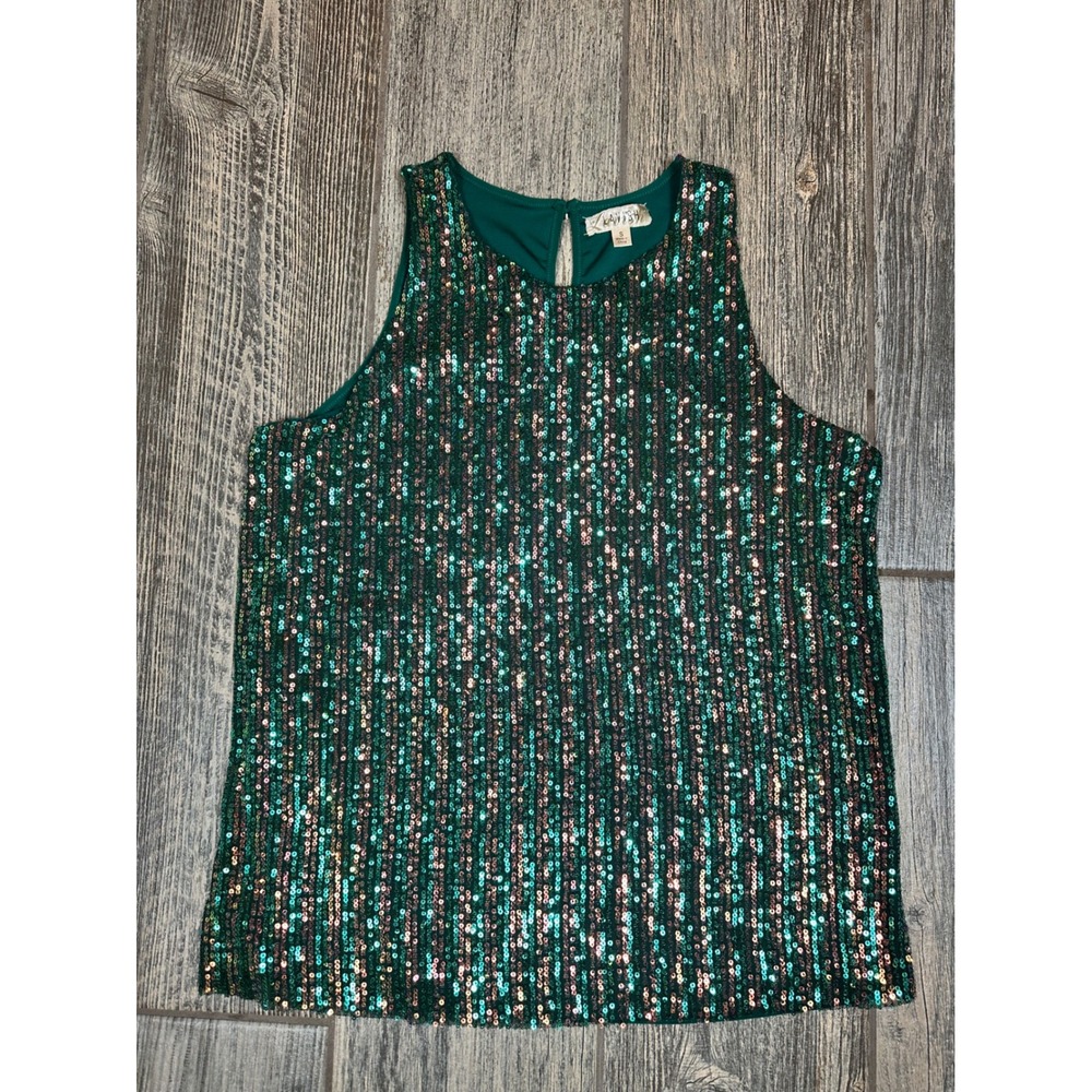Lavish Sequin Tank‎ Top Green Sleeveless Party Sparkle Holiday Small S